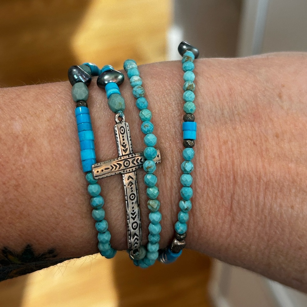 Silpada sleeping beauty turquoise and pearl Beaded Cross Bracelet or necklace